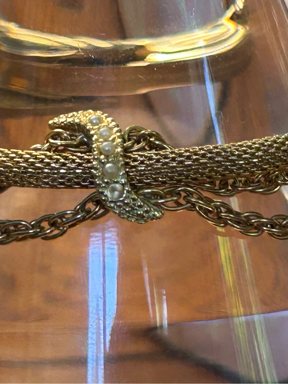 Vintage Goldette gold tone mesh and faux pearl bracelet